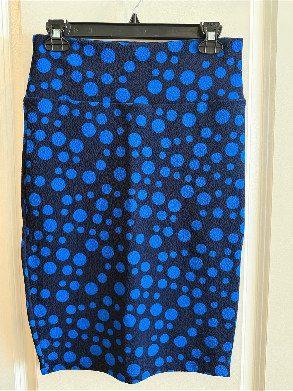 LuLaRoe Cassie Navy Pencil Skirt with Bright Blue Polka Dots